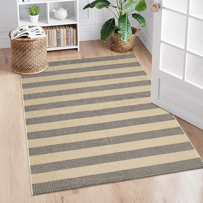 OJIA Indoor Outdoor Rugs 4'x6', Washable Outdoor Patio Rug Tan Camping Rug | Front Porch Rug Cotton Woven Outdoor Mat Entryway Rugs Indoor Area Rugs Floor Mat for Backyard/Kitchen/Bedroom/Living Room