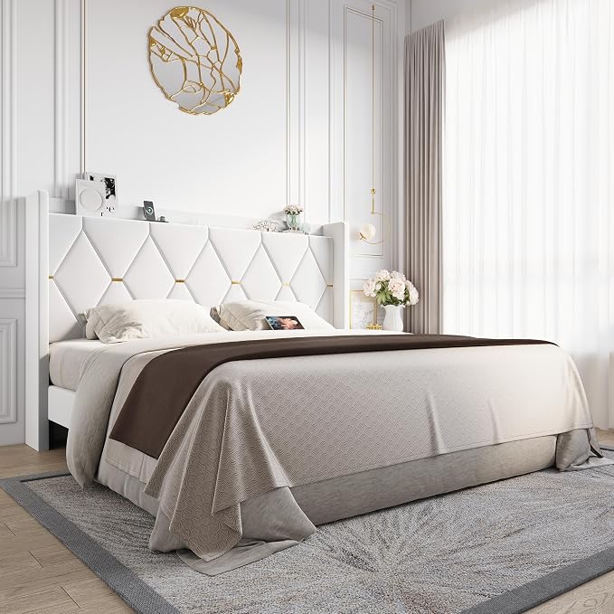 Allewie King Size Bed Frame with Storage Headboard & Charging Station | Diamond Tufted Design & Gold Trim, Velvet Upholstered Platform Bed, No Box Spring Needed, Easy Assembly, Noise-Free, White