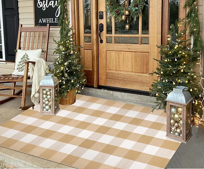 Khaki and White Outdoor Rug 3'x5', Outdoor Porch Rug Cotton Woven Washable Farmhouse Indoor Outdoor Doormat for Front Porch Hello Welcome Layered/Entryway/Bedroom/Living Room/Patio