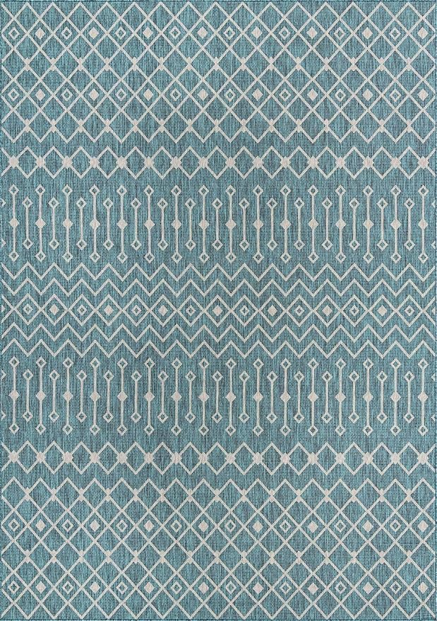 Unique Loom Outdoor Trellis Collection Area Rug - Tribal Trellis (10' x 14' 1" Rectangle, Teal/ Ivory)