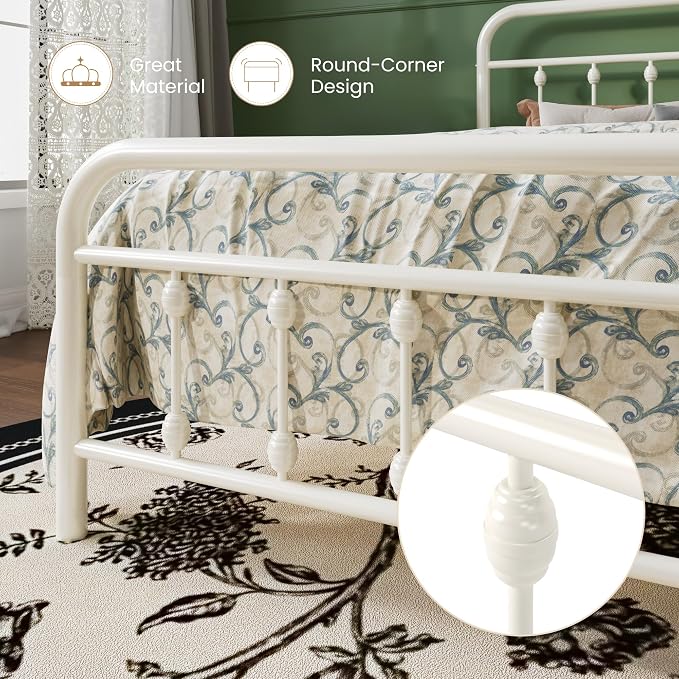SHA CERLIN Queen Metal Bed Frame with Victorian Iron-Art Headboard, Cream | Victorian Iron-Art Headboard and Footboard, Easy Assembly, Under Bed Storage, No Box Spring Required