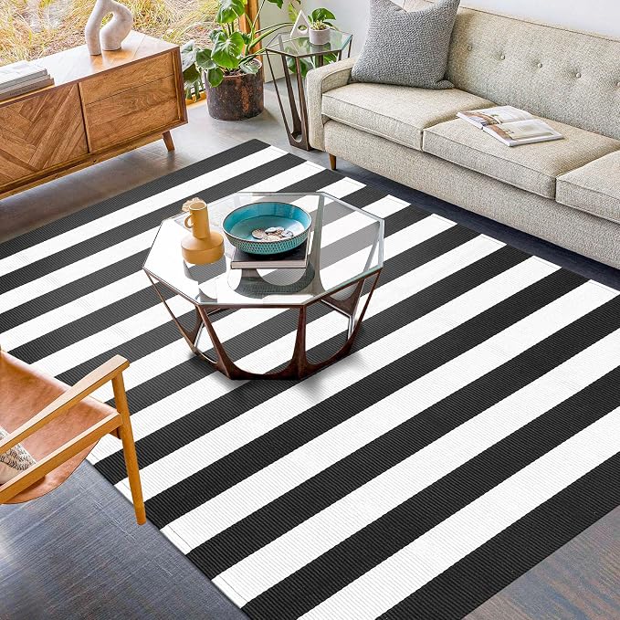 KILOCOCO Black White Striped Rug 5x7 Area Rug for Living Room Washable Rugs | Machine Washable Front Porch Layered Rugs, Cotton Rug for Patio, Outdoot Rug for Farmhouse, Woven Indoor Bedroom Carpet
