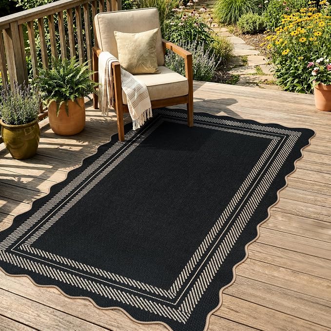 LIVEBOX Scalloped Washable 3x5 Outdoor Rug, Black Easy Jute Rug for Entryway Kitchen, Indoor Non Slip Patio Rugs Farmhouse Neutral Carpet for Bedroom Living Room Backyard Front Door Mat Porch Decor