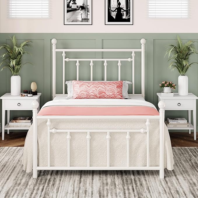 Allewie 14'' Twin Size Metal Platform Bed Frame, Vintage Headboard, White | 45'' Tall Victorian Headboard/Footboard/Mattress Foundation/Under Bed Storage/No Box Spring Needed/Easy Assembly/Noise Free