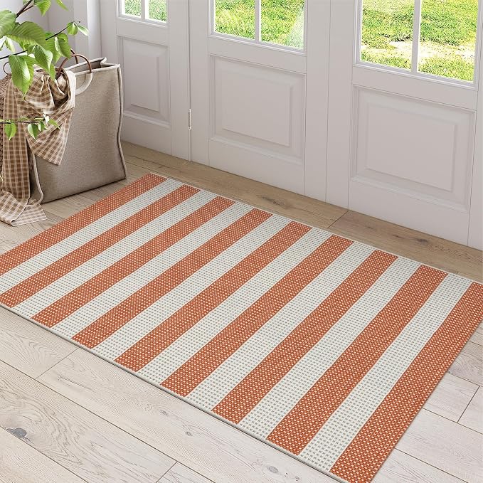 OJIA Outdoor Mat Orange Outdoor Rug 3'x5' Fall Welcome Mats for Front Door | Door Mat Outside Entrance Front Door Rug Washable Entryway Rugs Striped Indoor Outdoor Rugs Doormat for Patio Porch Decor