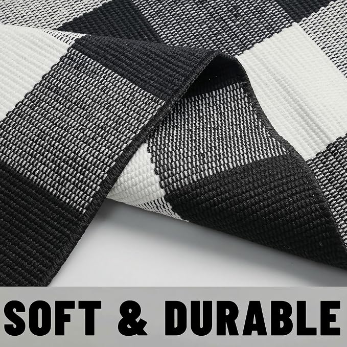 Buffalo Plaid Outdoor Rug 3x5 Ft Black and White Checkered Area Rug Washable Doormats Indoor Outdoor Rugs for Layered Front Door Mats, Porch, Entryway, Kitchen, Farmhouse