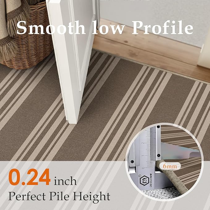 PureCozy Striped Easy Jute 2x8 Kitchen Runner Rug Brown Washable Carpet for Hallway Non Slip Farmhouse Neutral Non Shedding Indoor Outdoor 2'6"x8 Long Rug Bathroom Bedroom Laundry Entryway