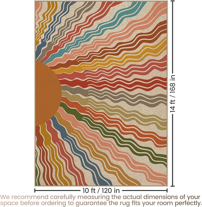 Washable Sun Easy Jute Rug, 10x14 Rainbow Sun Colorful Modern Boho Retro Outdoor Indoor Patio Large Rug, Woven Ultra Thin Non Slip Carpet Mat for Living Room Bedroom Classroom Kids Nursery Play Room