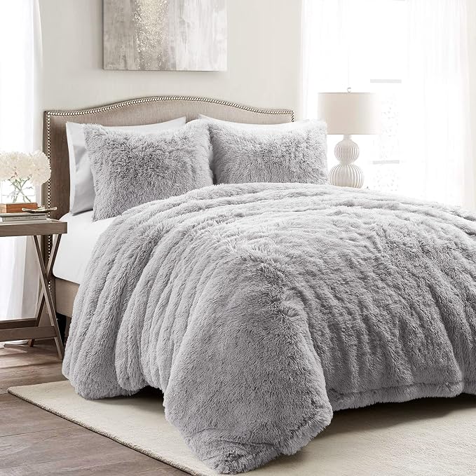 Lush Decor Emma Faux Fur Soft Fluffy Oversized Duvet Cover Set, Full/Queen, Light Gray - Warm Plush 3 Piece Bedding Set