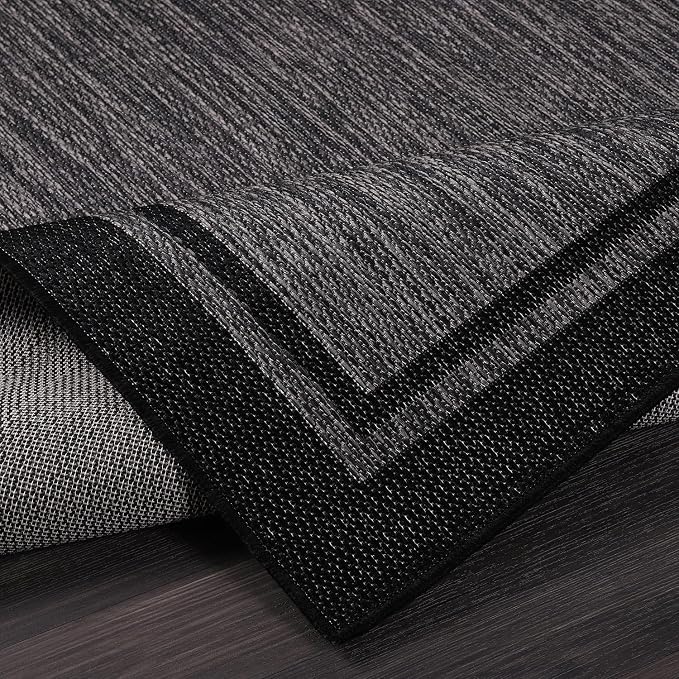 CAMILSON Indoor Outdoor Rug, 8x10 Bordered Dark Gray Black Modern Area Rugs for Indoor and Outdoor Patios, Kitchen and Hallway Mats, Washable Porch Deck Outside Carpet (Bordered Black, 8 x 10)