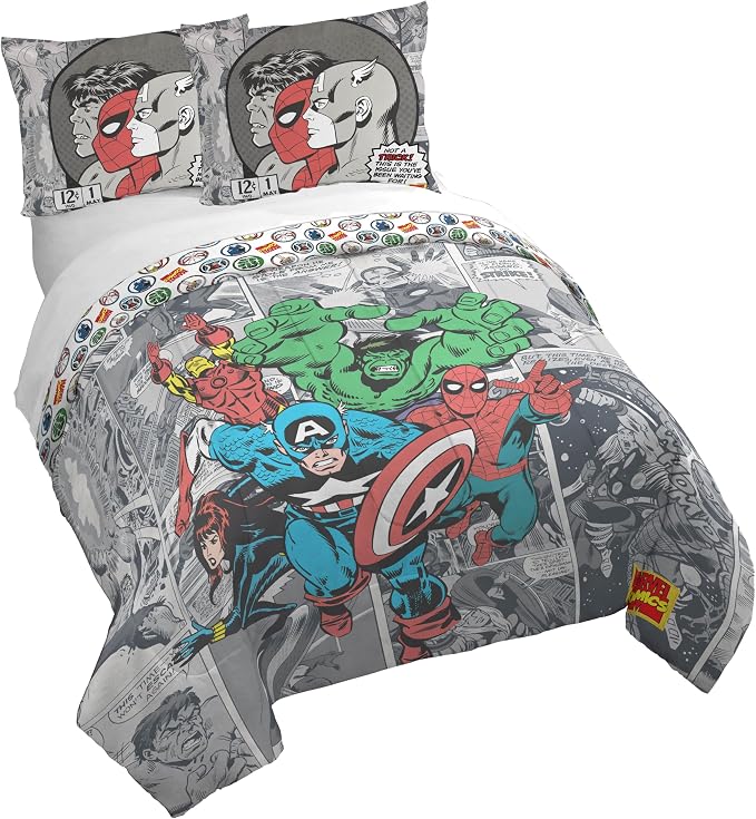 Jay Franco Kids Duvet Cover Set – 3 Piece Super Soft Bedding with Sham Pillowcase, Cover ONLY Comforter Not Included, Grey - Marvel Comics, Full