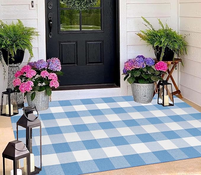 3'x5' Outdoor Rug,Light Blue and White Buffalo Checkered Porch Mat Farmhouse Washable Front Door Mat Outdoor for Hello Welcome Mat,Bedroom,Entryway,Patio