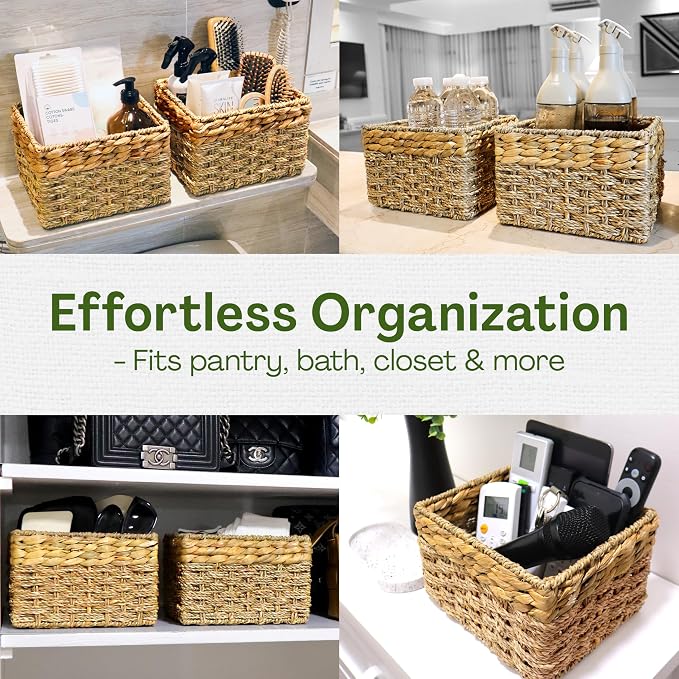 Small Wicker Storage Basket, Set of 2, 8 x 7 x 5.5 Inches | Natural, Woven Baskets for Organizing Living Room, Pantry, Shelves, Wicker, Decorative, Storage, Small