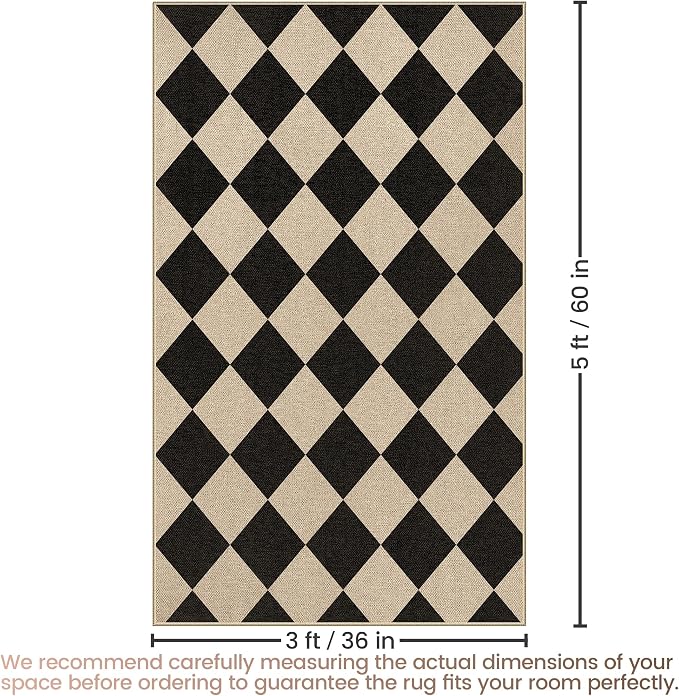 Washable Checkered Easy Jute Rug, 3x5 Black Diamond Checkerboard Boho Geometric Outdoor Indoor Patio Small Rugs, Low Pile Lightweight Non Slip Carpet Door Mat for Bedroom Entryway Front Door Farmhouse