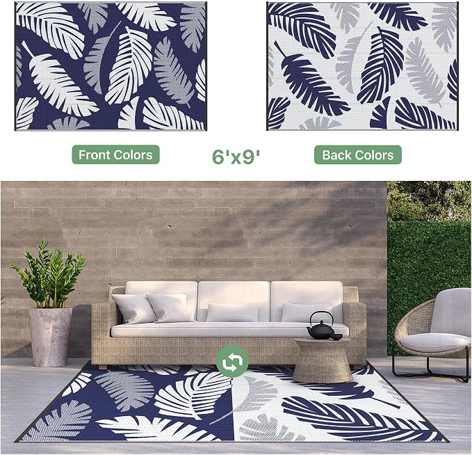 GENIMO Outdoor Rug, Waterproof Plastic Rugs for Patio, 6'x9' Blue White | Outside Larger Leaf Carpet Mat for Porch Decor, Deck, Balcony, Camping, RV, Backyard, Picnic, Beach, Reversible, Foldable