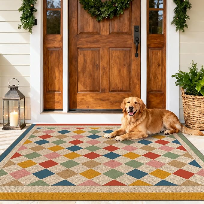 Washable Checkered Easy Jute Rug 3x5, Colorful Checkerboard Boho Geometric Outdoor Indoor Patio Small Rug, Woven Non Slip Thin Neutral Carpet Door Mat for Bedroom Entryway Front Door Farmhouse