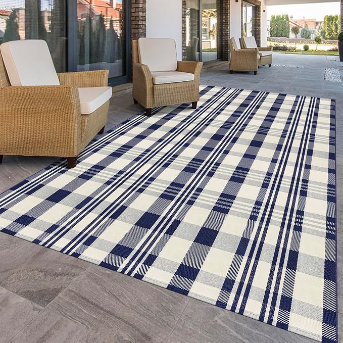 Buffalo Plaid Rug 6x9 Cotton Woven Rug Navy and Off White Checkered Buffalo Check Carpet Home Decor Washable Indoor Outdoor Area Rug for Living Room Bedroom Dining Patio Farmhouse