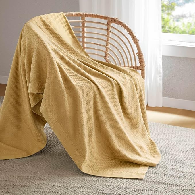 Madison Park 100% Egyptian Cotton Twin Size Bed Blanket for Summer Mustard | Cozy Soft Breathable Durable, Waffle Weave Woven Casual, Lightweight Knit All Season Throw for Bed Couch or Sofa, OEKO TEX