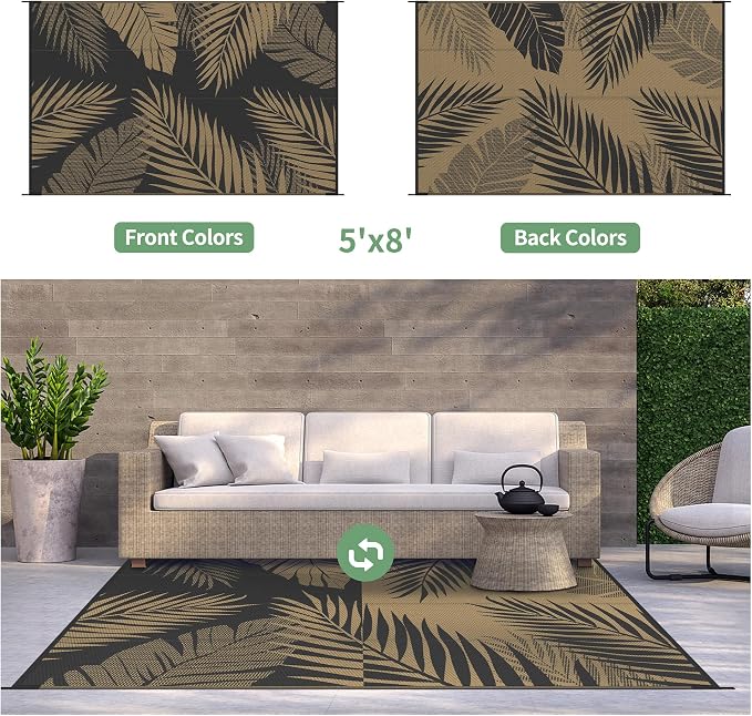 GENIMO Outdoor Rug, Waterproof Plastic Rugs for Patio, 5'x8' Black Brown | Outside Larger Leaf Carpet Mat for Porch Decor, Deck, Balcony, Camping, RV, Backyard, Picnic, Beach, Reversible, Foldable