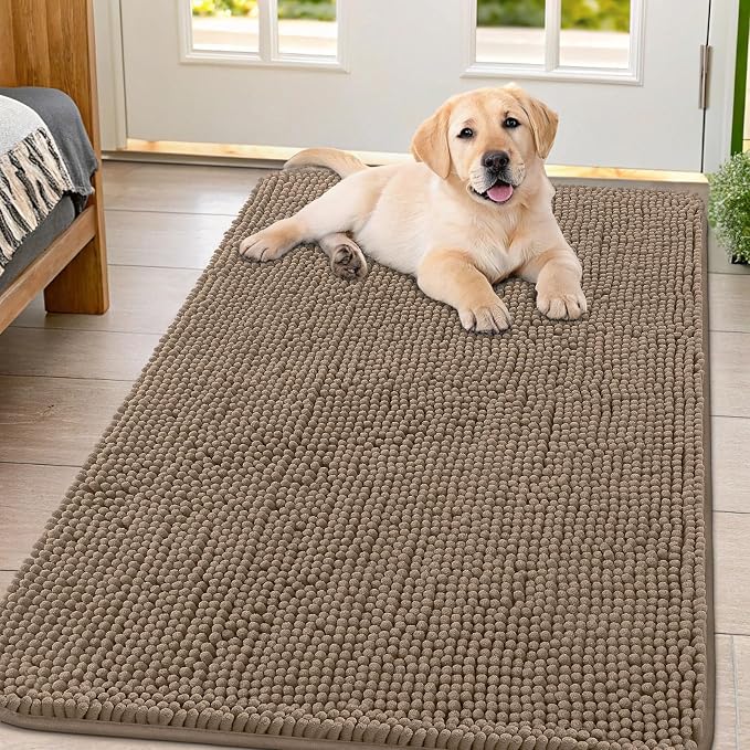 Smiry Dog Door Mat for Muddy Paws 54x32, Absorbent Dirt Trapper, Non-Slip Washable Chenille Entryway Rug for Inside Floor, Camel, Classic Solid