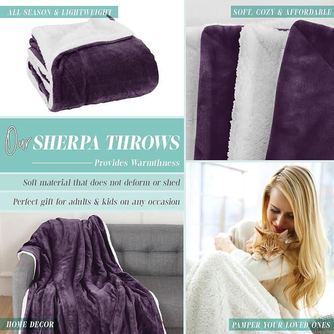 Elegant Comfort Throw Blanket, Reversible Sherpa Flannel, Ultra-Soft, Fuzzy, Cozy and Plush- All Season Lightweight Decorative Throw, 50 x 60 inches, Solid Sherpa Throw, Purple
