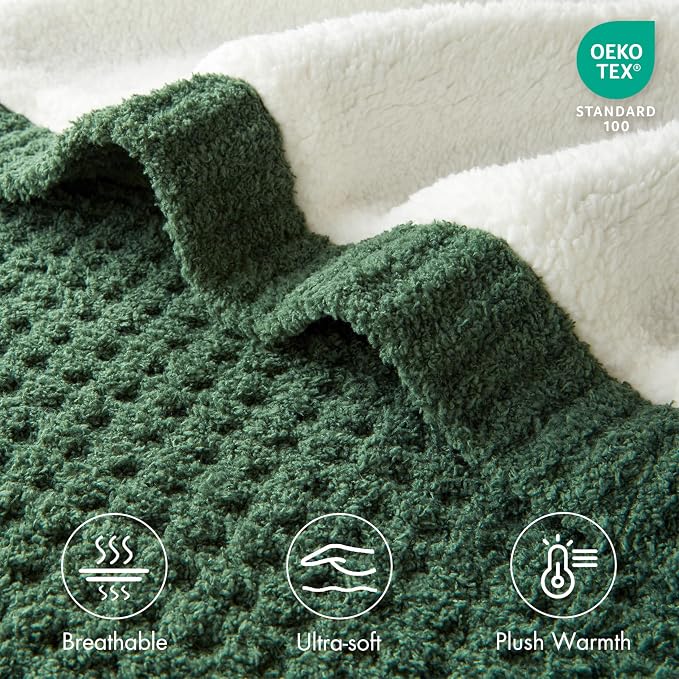 Madison Park Rowan Sherpa Throw Blanket Waffle Weave, 50 x 60, Green | Cozy Warmth for Sofa or Bed, Reversible, Lightweight, Farmhouse, OEKO-TEX Certified