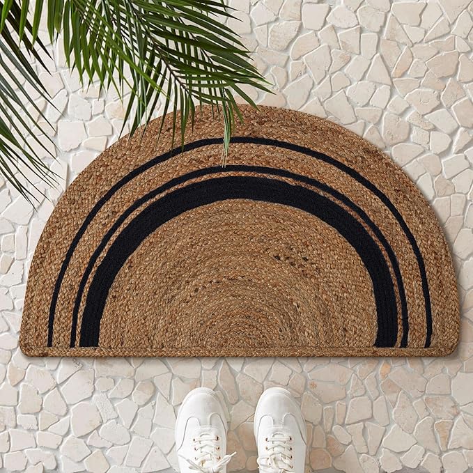 Boho Braided 1.5x3 Area Rug - Jute Natural Fiber Half Round Rug for Living Room Entryway, Farmhouse, Home, Indoor Rugs Jute Door mat for Bathroom, Kitchen (Black Natural, 1.5 X 3 ft)