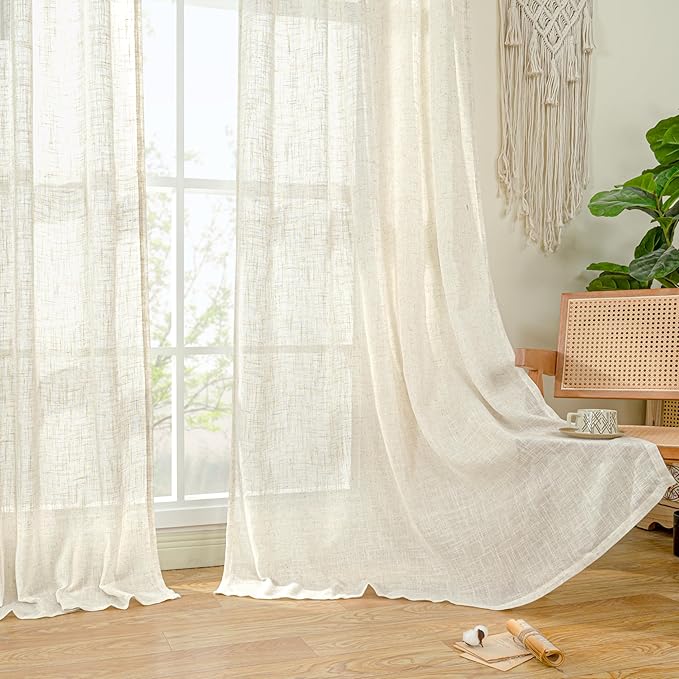 LAMIT Natural Ivory Semi Sheer Linen Curtains 84 inch Long, Cream White Light Filtering Living Room Panels Back Tab and Rod Pocket Neutral Drapes for Bedroom/Farmhouse, 2 Panels, 52 x 84 Inch