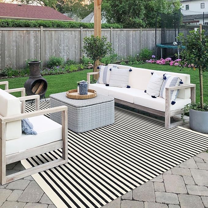 IOHOUZE Black Beige Striped Rug -8'x10' Indoor Outdoor Rug, Washable Area Rug for Living Room, Large Patio Rug, Cotton Striped Rugs for Patio Living Room Bedroom