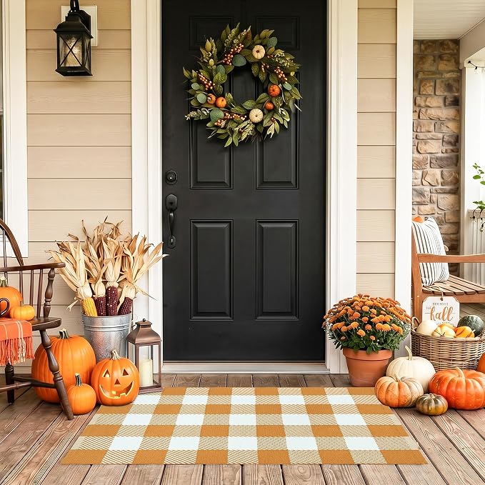 Caramel and White Buffalo Plaid Rug 28" x 43", Machine Washable Layering Mat for Front Door, Entryway, Kitchen, Indoor Outdoor Low Profile Cotton Woven Check Rug