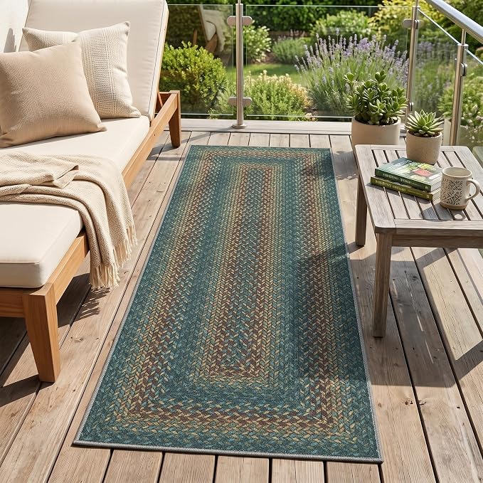 Garvee Runner Rug 2x6 Easy Jute Hallway Runner Rug Washable Non Slip Indoor Outdoor Rugs for Patio Entryway Ultra-Thin Non-Shedding Floor Mat for Laundry Bathroom Bedroom Backyard Porch Teal/Rust