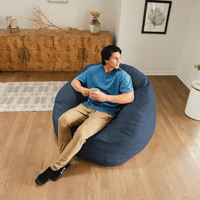 Big Joe Cloudberry Bean Bag Chair, Foam-Filled Structured Seat, Teddy Boucle, Slate Blue, Adults
