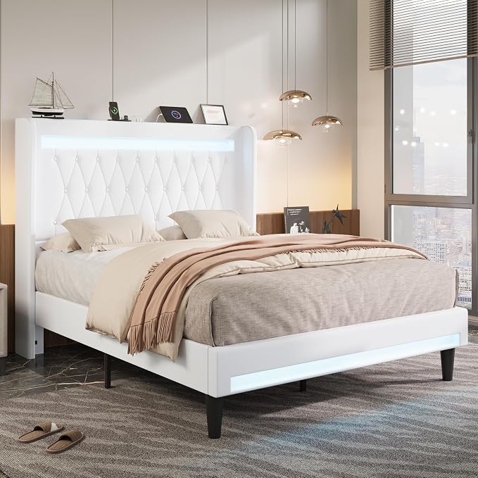 Allewie Full Size Upholstered Bed Frame with LED & Charging Station, White | Customizable LED lights, charging station, tufted wingback headboard, noise-reducing support, and no box spring needed.