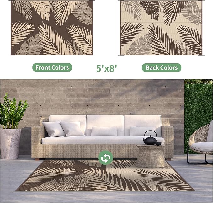 GENIMO Outdoor Rug, Waterproof Plastic Rugs for Patio, 5'x8' Coffee Beige | Outside Larger Leaf Carpet Mat for Porch Decor, Deck, Balcony, Camping, RV, Backyard, Picnic, Beach, Reversible, Foldable