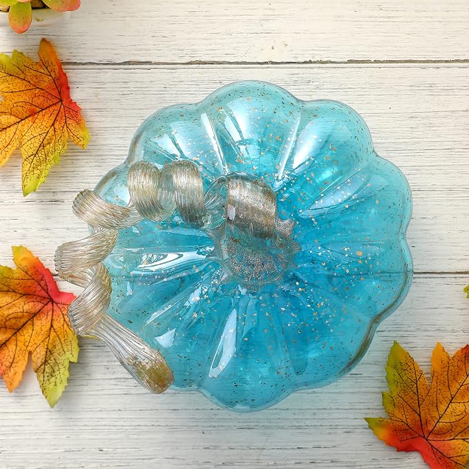 Glitzhome Hand Blown Glass Pumpkin Decor 5" Blue - Artisan Fall Table Centerpiece for Thanksgiving Harvest Home Decor Halloween Displays