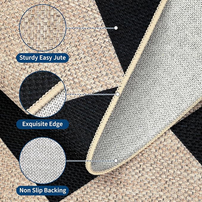 GarveeHome 9x12 Checkered Easy Jute Rugs for Bedroom Machine Washable Large Rugs Non-Slip Backing Modern Neutral Stain Resistance Carpets for Farmhouse Patio Dining Room Backyard Black
