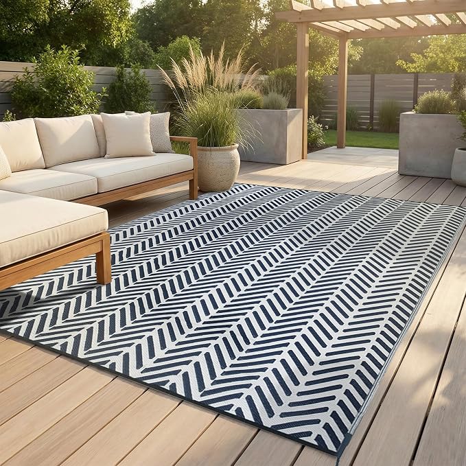 FH Home Outdoor Camping Rug - Waterproof, Fade Resistant, Reversible - Premium Recycled Plastic - Herringbone - Large Patio, Deck, Sunroom, RV - Fresno - Navy - 9 x 12 ft Foldable
