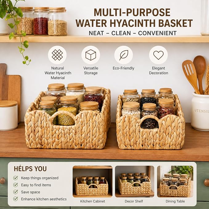 LUSYDECO Set of 2 Scalloped Edge Wicker Storage Basket with Built-in Handles, Rectangle Water Hyacinth Basket for Organizing, Decorative Woven Rattan Basket for Shelf, Nursery Room
