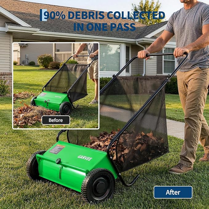 Garvee 26 Inch Push Lawn Sweeper, Walk Behind Leaf Grass Collector with 7 Cu ft Hopper Bag, Carbon Steel Frame, Yard Sweeper with Adjustable Brush Height for Garden Patio Driveway Leaves Cleanup | 7 Cu ft Hopper Bag, Carbon Steel Frame, Yard Sweeper wi...