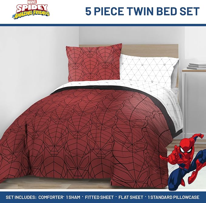 Marvel Spiderman Twin Comforter Set 5 Piece Bedding for Boys, Red | Bed in a Bag, Comforter Sheets Sham Pillowcase, Official Product, Soft Microfiber, Machine Washable, Easy Care, Boys Gift