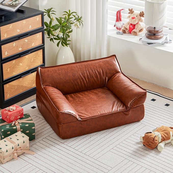 Dog Couch Bed Leather Cat Sofa for Small and Medium Pets Under 50 lbs, Brown Mid Century Modern Elevated Dog Sofa Chair Luxurious Indoor Furniture Style Pet Supplies for Puppy