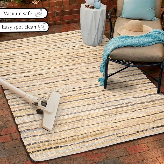 Ramanta Home 100% Cotton Hand Woven Tonal Chindi Rag Rug 3'x5' - Beige, Recycled Reversible Rug, Boho Rustic Farmhouse Rugs for Living Room, Dinning Room, Kitchen Floor Mats - 36"x60"