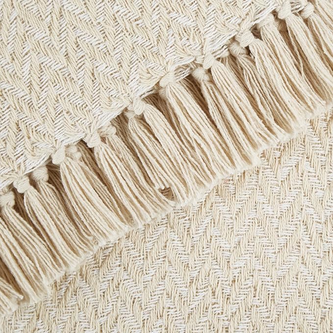 DII Modern Zig Zag Throw Blanket Woven Cotton, Hand-Knotted 2.5" Fringe, 50x60, Natural