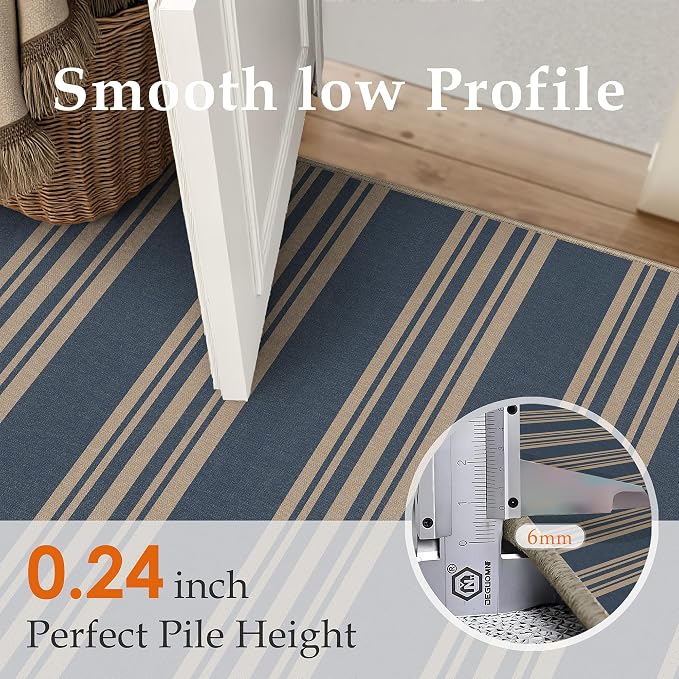 PureCozy Striped Easy Jute Rug 5x7 Blue Living Room Carpet Washable Non Slip Bedroom Office Rug Farmhouse Neutral Non Shedding Indoor Outdoor Large Carpet for Kitchen Dining Room