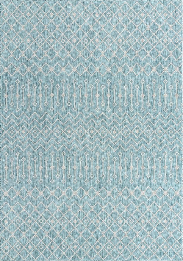 Unique Loom Outdoor Trellis Collection Area Rug - Tribal Trellis (10' x 14' 1" Rectangle, Aqua/ Ivory)
