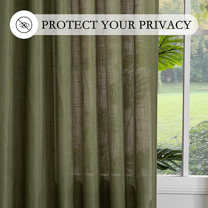MYSKY HOME 96 Inches Semi Sheer Sliding Door Curtains Farmhouse Light Filtering Window Curtain Drapes for Patio Living Room, Extra Long Green Linen Curtains Bohemian, 50x96, Olive Green, 2 Panels