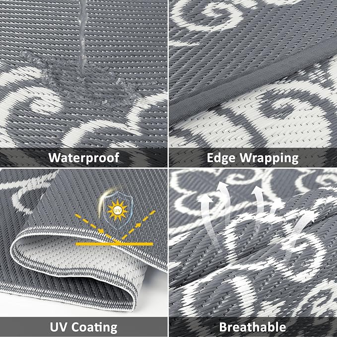 Pauwer Outdoor Rug 6x9, Waterproof Plastic Straw Camping Rug, Floral Grey | Reversible Patio Rug, UV Resistant Indoor Outdoor RV Mat Carpet For Deck, Camper, Porch, Balcony, Backyard, Picnic, Foldable