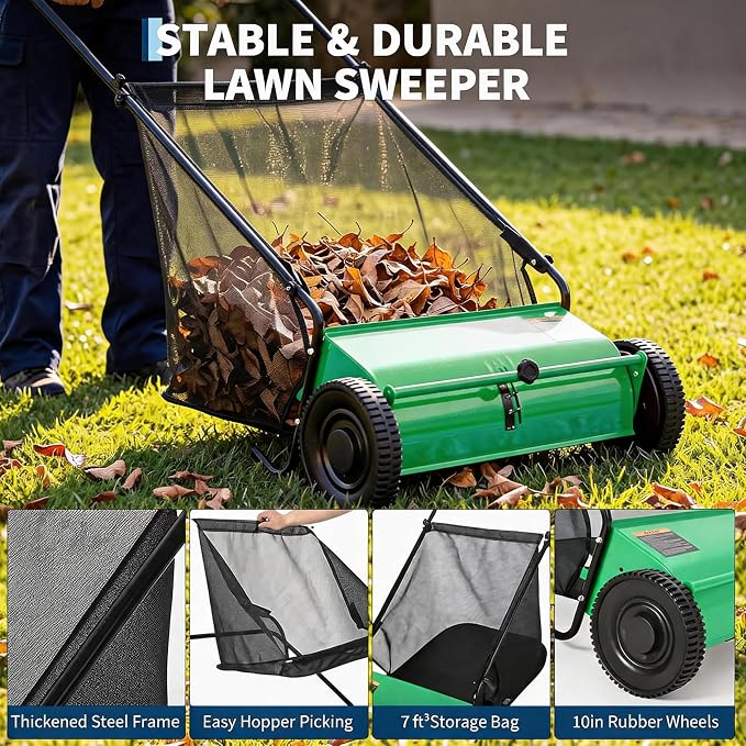 Heavy Duty 26-Inch Push Lawn Sweeper – 4 High-Speed Spinning Brushes | Durable Steel Frame, 7 Cu. Ft. Removable lawn mower, Ideal for Leaf & Grass Collection on Yard, Garden, Patio, Driveway –