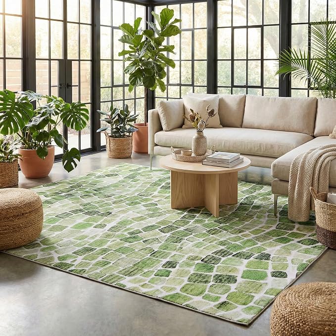 ReaLife Rugs Machine Washable Indoor Outdoor - Mat Rug Foldable Printed Thin Lightweight Cushioned Fade Resistant Patio Deck Dock Porch Pool Balcony Camping - Emery - Green 5' x 7'