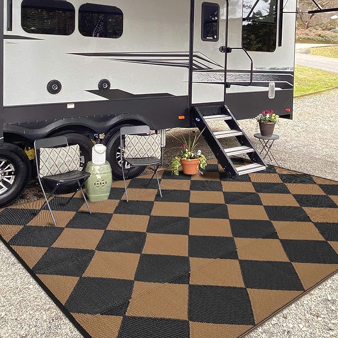GarveeLife 8x10 Outdoor Rug for Patio Reversible, Plastic Straw Rug Waterproof Camping Rug Portable, Foldable Lightweight Mat for RV, Patio, Backyard, Deck, Picnic, Beach (Black/Brown)